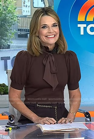 Savannah’s brown tie neck sweater and flare pants on Today