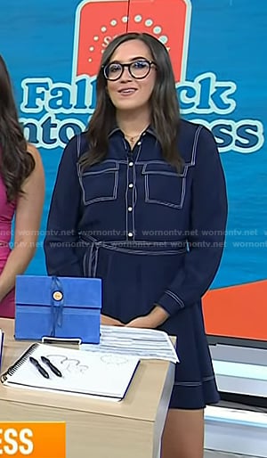Savannah's navy dress with white stitching on Today