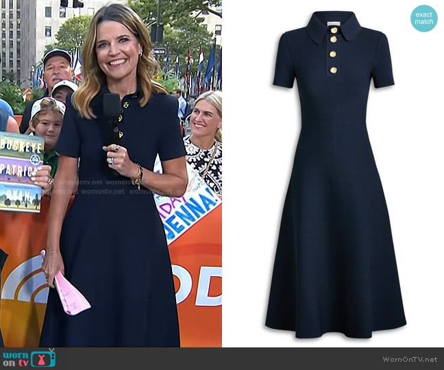 Scanlan Theodore Crepe Knit Poppy Shirt Dress in Navy worn by Savannah Guthrie on Today
