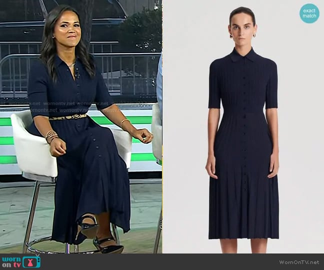 Scanlan Theodore Pleated Rib Shirt Dress in Navy worn by Laura Jarrett on Today