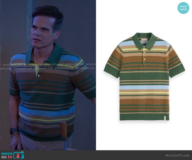 Scotch & Soda Stripe Textured Cotton Knit Polo in Sage Green Multi Stripe worn by Leo Stark (Greg Rikaart) on Days of our Lives