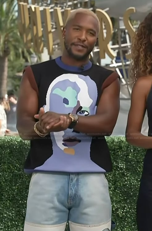Scott’s abstract face vest on Access Hollywood