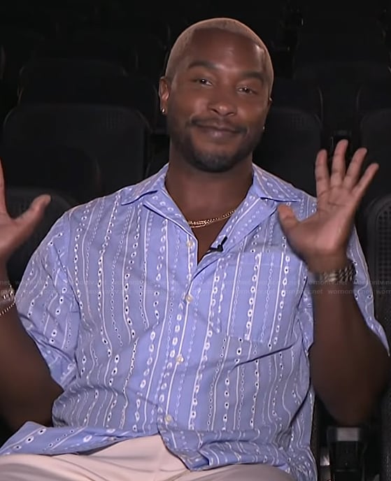 Scott’s blue printed shirt on Access Hollywood
