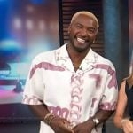 Scott’s white abstract print shirt on Access Hollywood