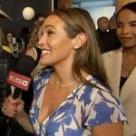 Emily’s blue floral print dress on Access Hollywood