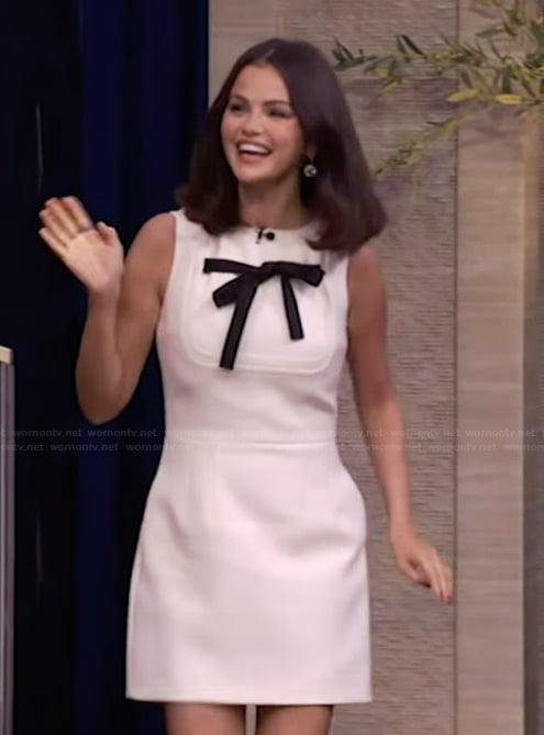 Selena Gomez’s white contrast bow mini dress on Live with Kelly and Mark
