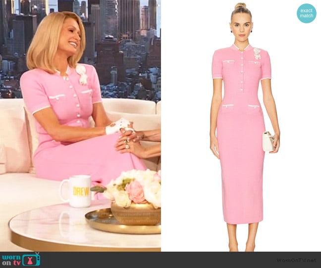 Self Portrait Pink Crochet Flower Knit Midi Dress worn by Paris Hilton on The Drew Barrymore Show