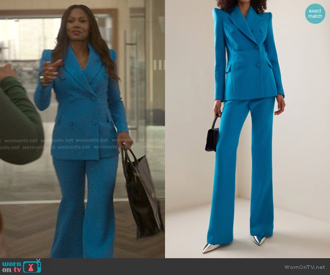 Sergio Hudson Double-Breasted Wool Crepe Blazer Jacket and Pants worn by Jax Stewart (Emayatzy Corinealdi) on Reasonable Doubt