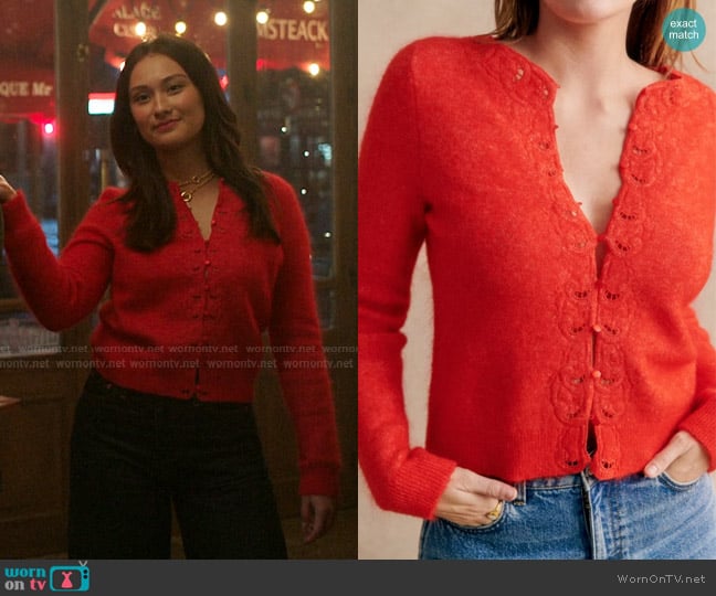 Sezane Ysaline Cardigan in red worn by Belly Conklin (Lola Tung) on The Summer I Turned Pretty