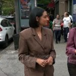Shanelle Kaul’s brown pinstripe suit on CBS Mornings