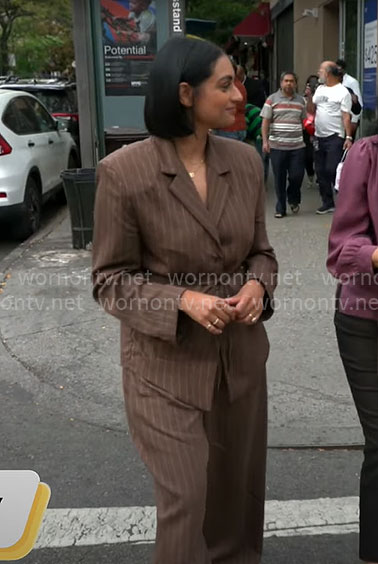 Shanelle Kaul’s brown pinstripe suit on CBS Mornings