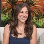 Shawn Johnson East’s blue sleeveless mini dress on Access Hollywood
