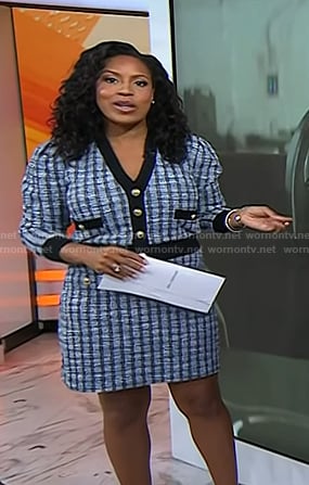 Sheinelle’s blue tweed knit cardigan and mini skirt on Today