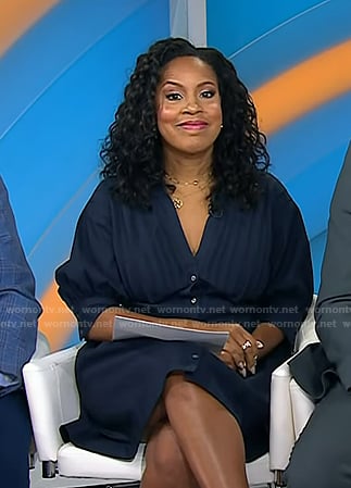 Sheinelle’s navy pleated v-neck shirtdress on Today