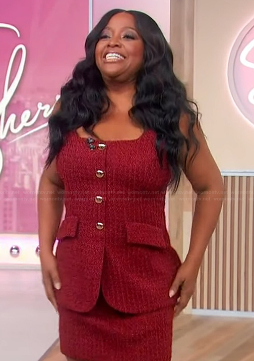 Sherri’s red tweed sleeveless romper on Sherri