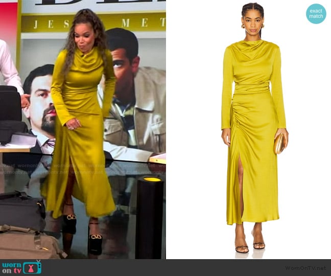 Simkhai Odessa draped gathered satin midi dress worn by Sunny Hostin on The View
