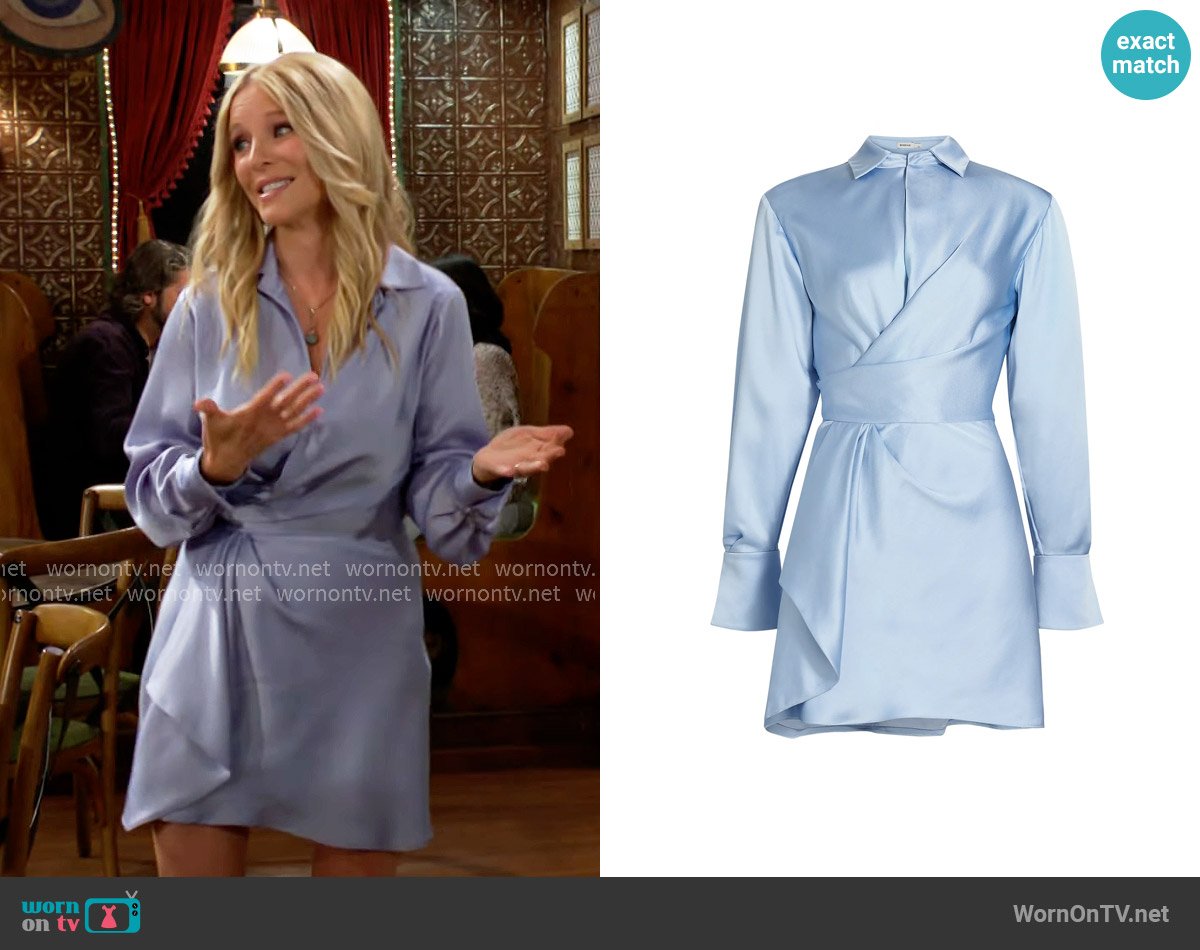 Simkhai Talit Draped Front Minidress in Sky worn by Christine Blair Williams (Lauralee Bell) on The Young and the Restless