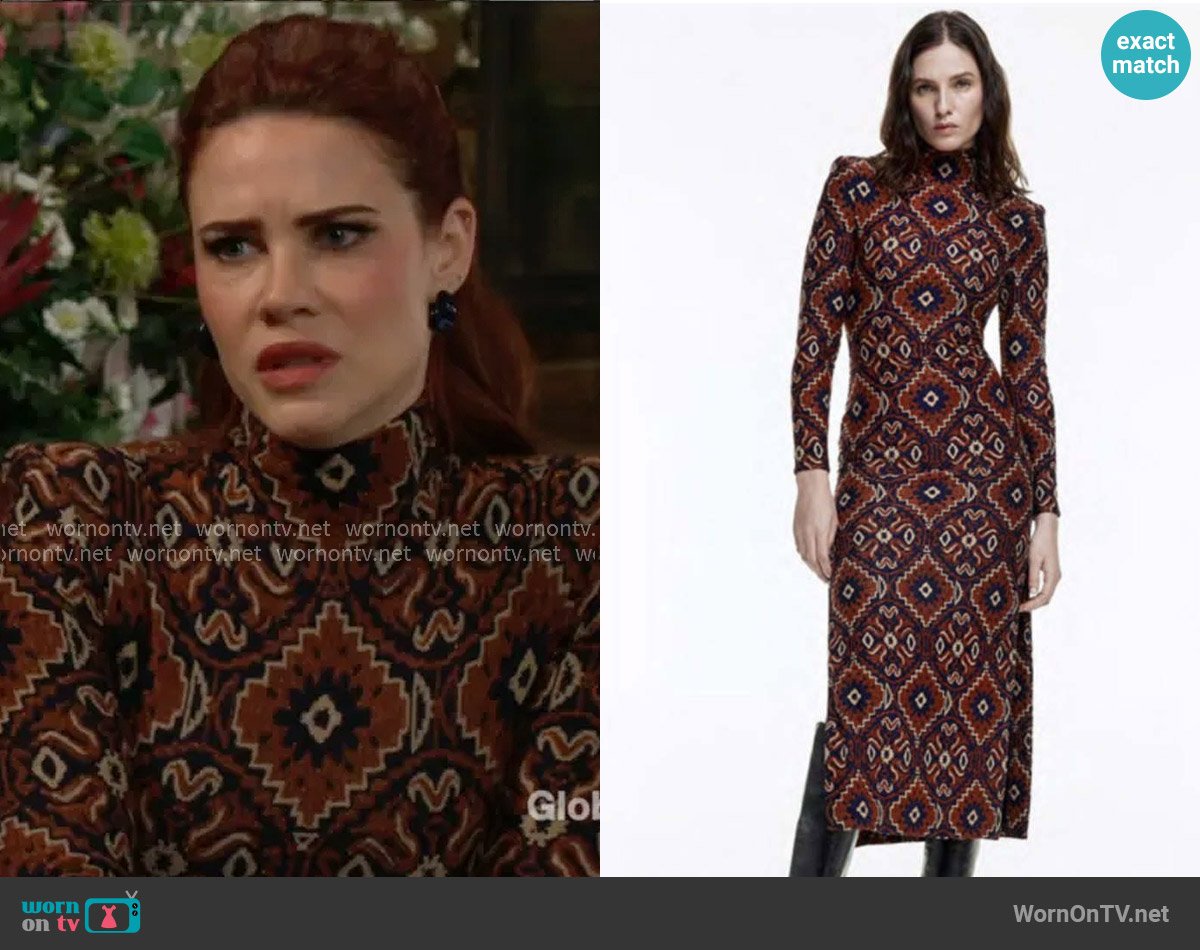 Smythe Side Slit Dress in Copper Medallion worn by Sally Spectra (Courtney Hope) on The Young and the Restless
