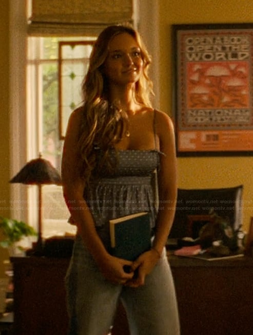 Sophia's blue polka dot print top on The Runarounds