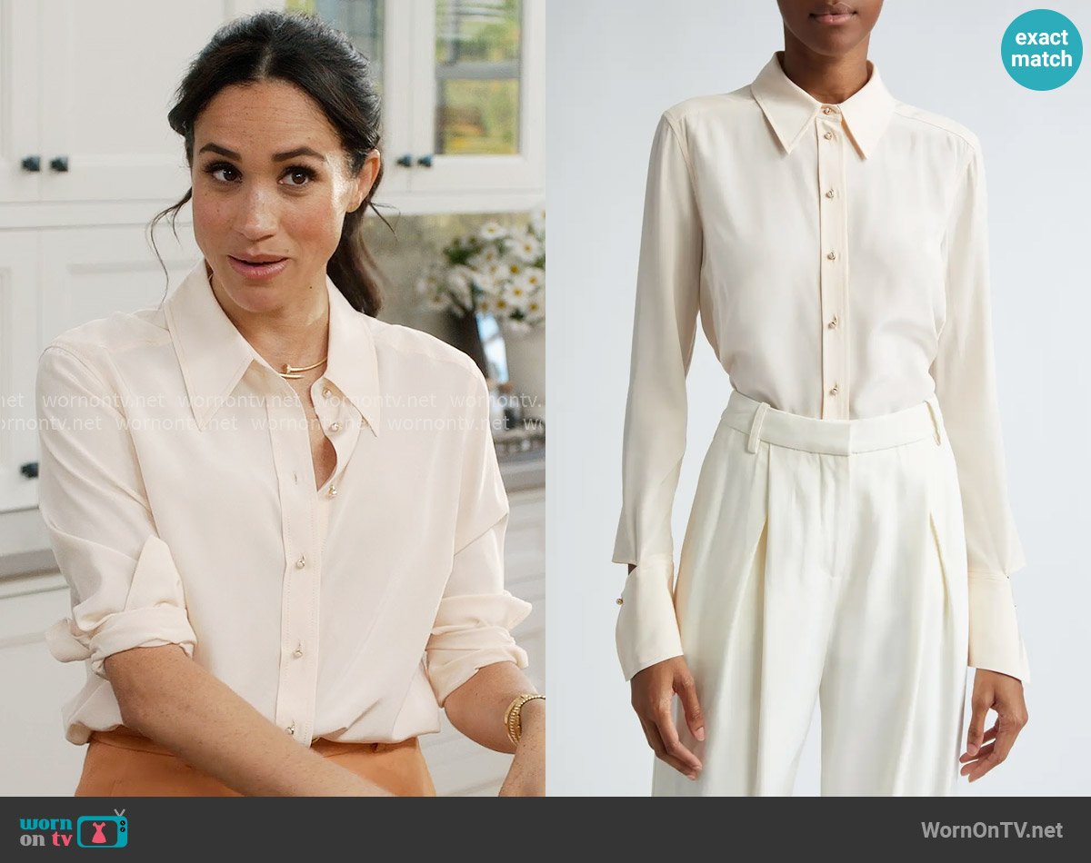 St John Collection Split Cuff Silk Crêpe de Chine Button-Up Shirt worn by Meghan Markle on With Love Meghan