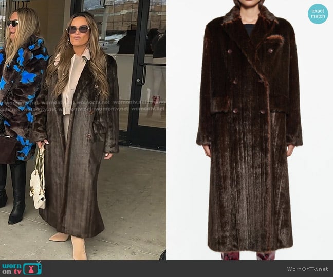 Stand Studio Lidya Faux Fur Coat in Dark Brown worn by Britani Bateman on The Real Housewives of Salt Lake City