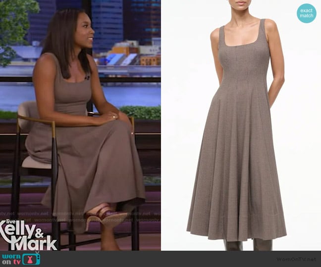 Staud Wells Houndstooth Fit & Flare Midi Dress worn by Rachel Scott on Live with Kelly and Mark