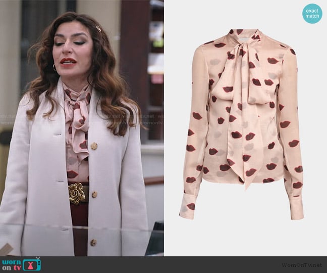 Stella McCartney Lips Print Tie Neck Blouse worn by Esmeralda Grand (Sabrina Impacciatore) on The Paper