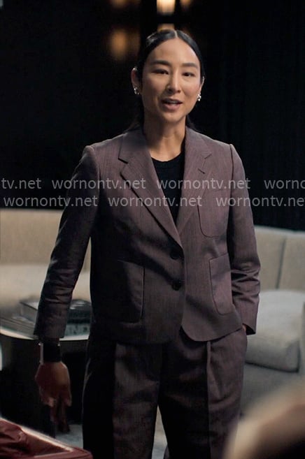 Stella's purple blazer and pants on The Morning Show