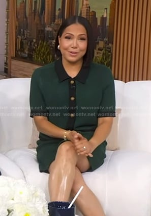 Stephanie’s green contrast trim cardigan and mini skirt on Good Morning America