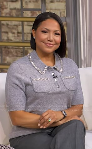 Stephanie’s grey embellished polo sweater on Good Morning America