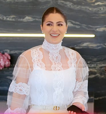 Stephanie's white lace and sheer blouse on The Real Housewives of Miami