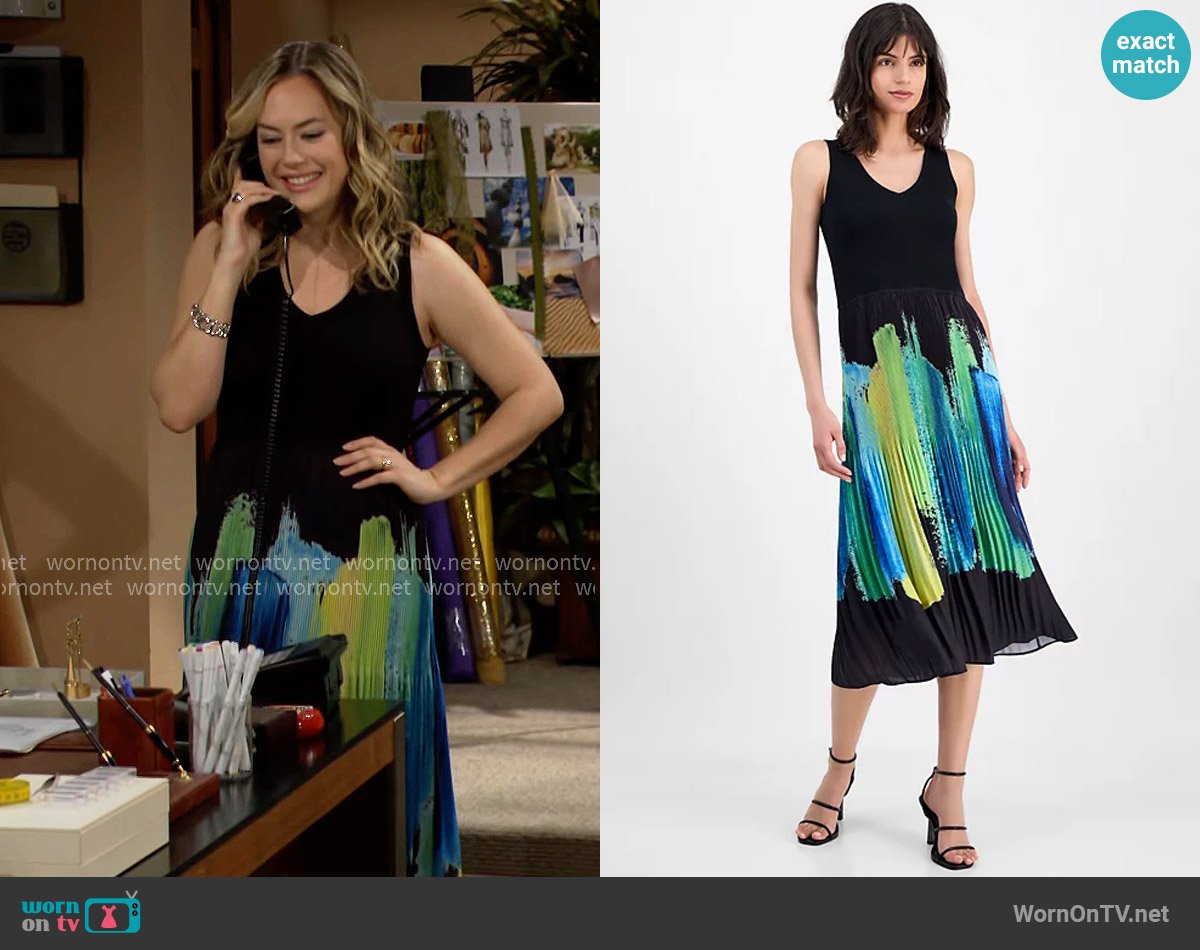 T Tahari Pleated Brushstroke-Print Dress worn by Hope Logan (Annika Noelle) on The Bold and the Beautiful