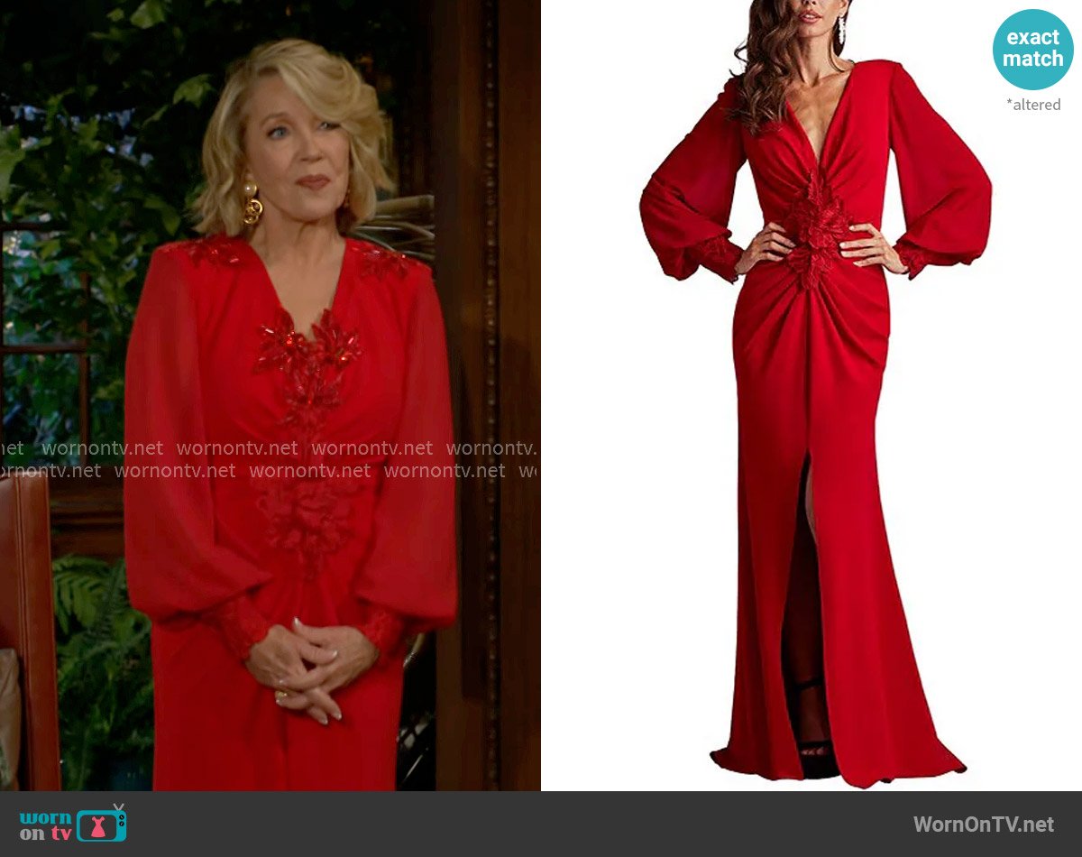 Tadashi Shoji V-neck Bishop Sleeve Floral Lace Applique Column Gown worn by Nikki Reed Newman (Melody Thomas-Scott) on The Young and the Restless