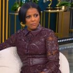 Tamron’s burgundy leather trim lace dress on Tamron Hall Show