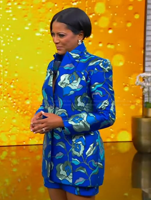 Tamron's blue floral print blazer and shorts on Tamron Hall Show