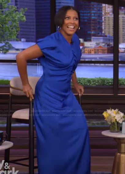 Tamron’s blue satin ruched dress on Live with Kelly and Mark