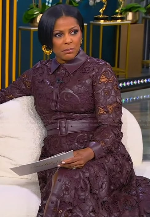 Tamron's burgundy leather trim lace dress on Tamron Hall Show