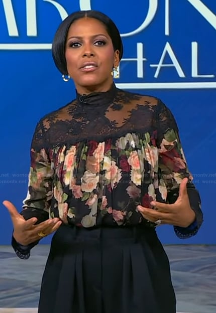 Tamron’s floral lace inset blouse on Tamron Hall Show