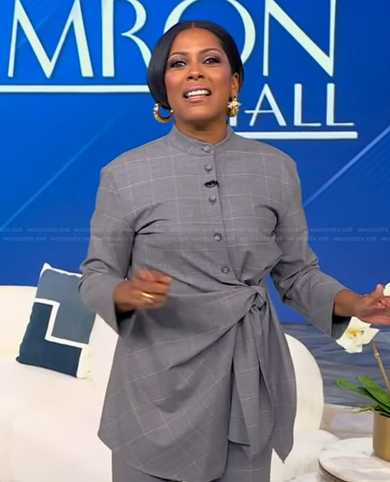 Tamron's gray check print top and pants on Tamron Hall Show
