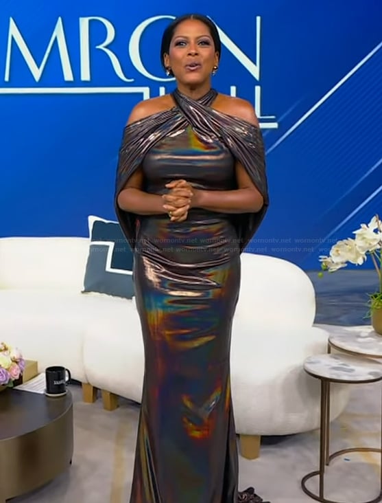 Tamron's metallic halter dress on Tamron Hall Show