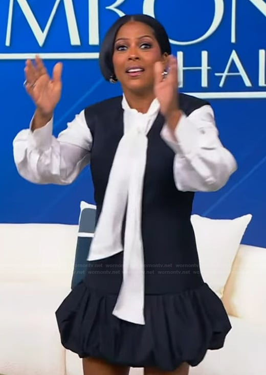 Tamron's navy bubble dress on Tamron Hall Show