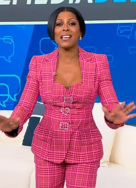 Tamron's pink plaid sweetheart blazer on Tamron Hall Show