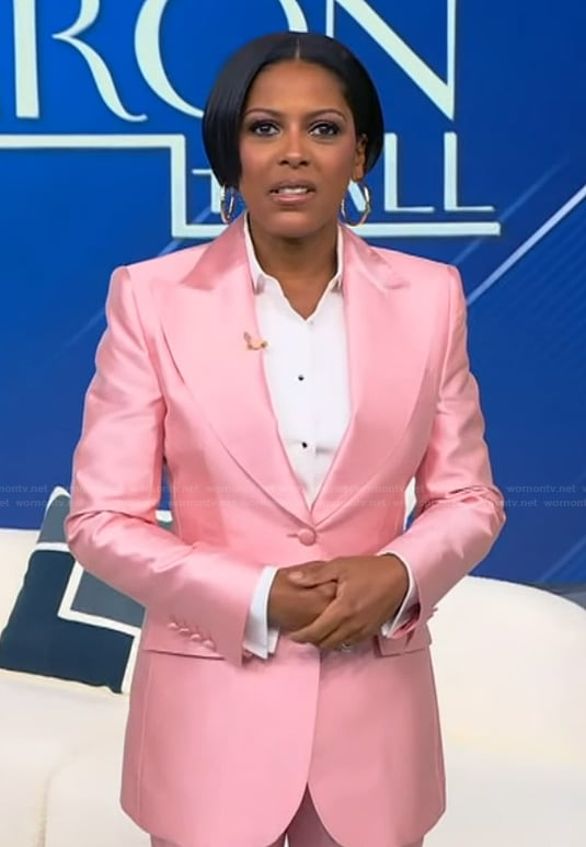 Tamron's pink satin blazer and pants on Tamron Hall Show