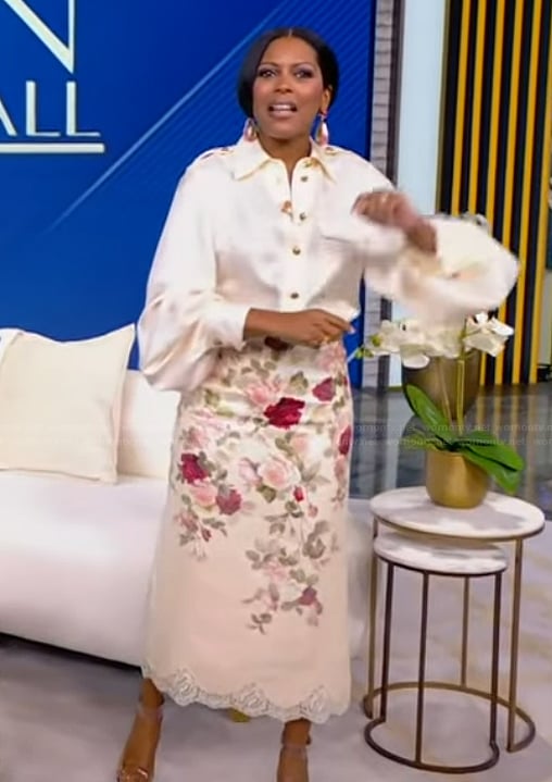 Tamron's utility blouse and lace skirt on Tamron Hall Show