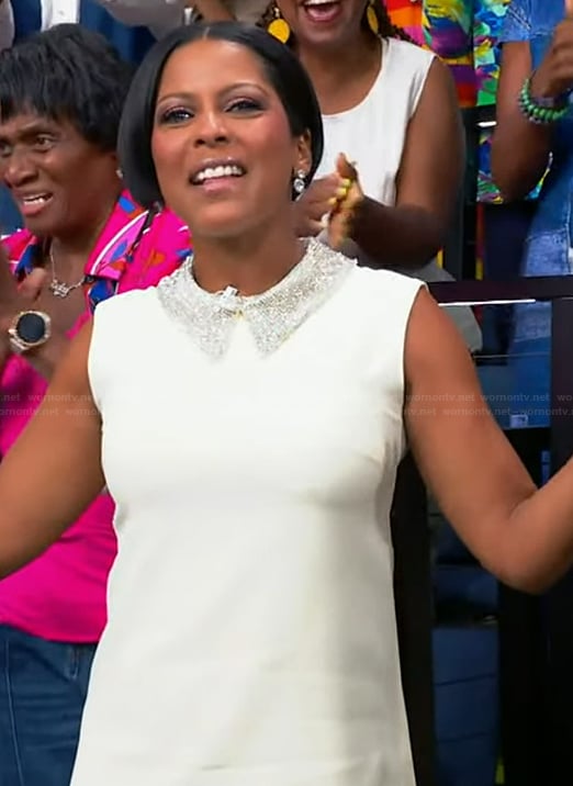 Tamron's white embellished collar mini dress on Tamron Hall Show