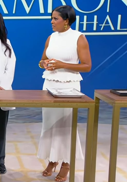 Tamron's white peplum top and skirt on Tamron Hall Show