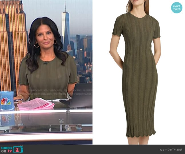 Tanya Taylor Leighton Wave Crochet Knit Sheath Midi-Dress in Fern worn by Darlene Rodriguez on Today