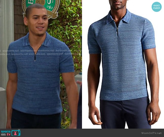 Ted Baker Blossam Textured Quarter Zip Polo Shirt in Blue worn by Theo (Tyler Andrews) on Days of our Lives