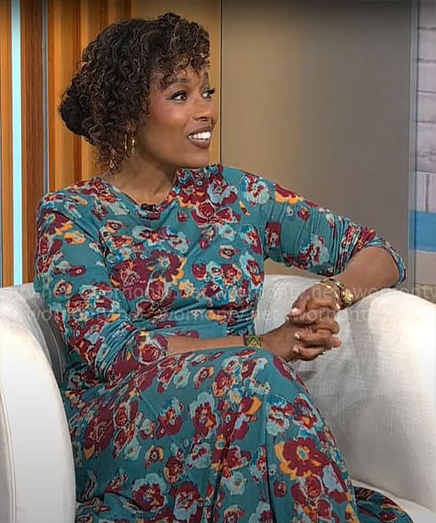 Tembi Locke’s teal floral maxi dress on CBS Mornings