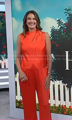 Teri Hatcher’s red satin wrap top and pants on Today